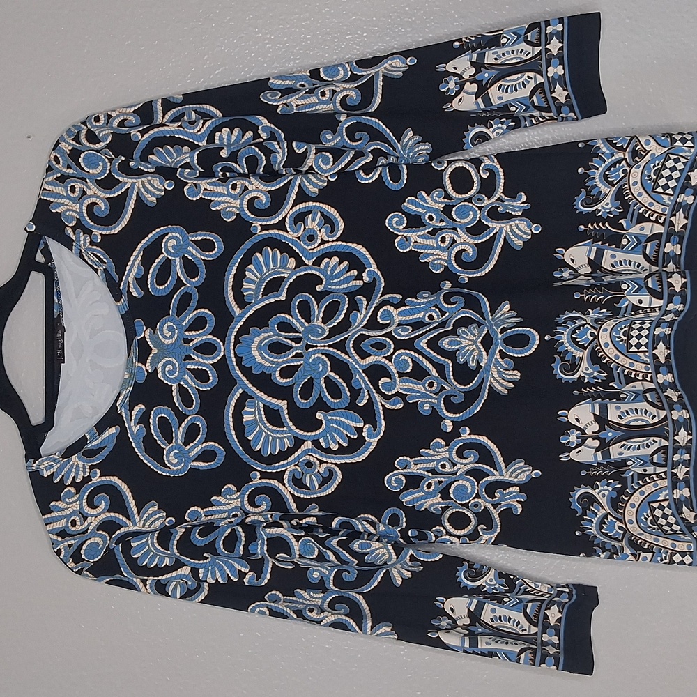 J McLaughlin Blouse Egyptian Horses Print Multicolor 3/4 Sleeve Business Casual